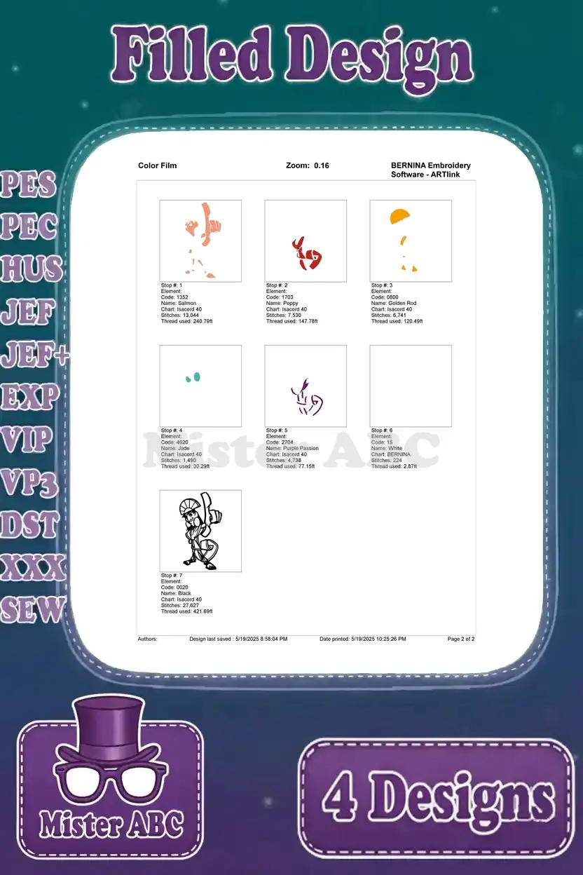 Color film breakdown for the pointing Kuzco embroidery design, illustrating stitch progression and thread stops.