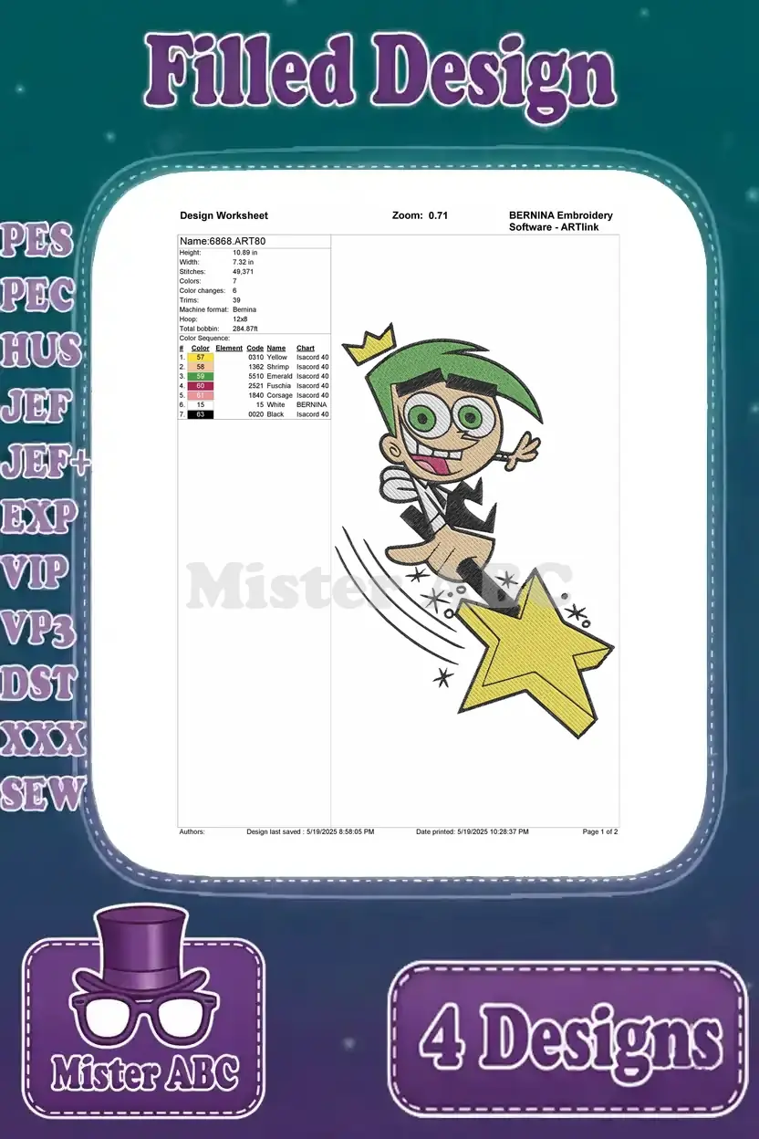 Detailed design worksheet for the Cosmo on a star filled embroidery, showing stitch count and color sequence.