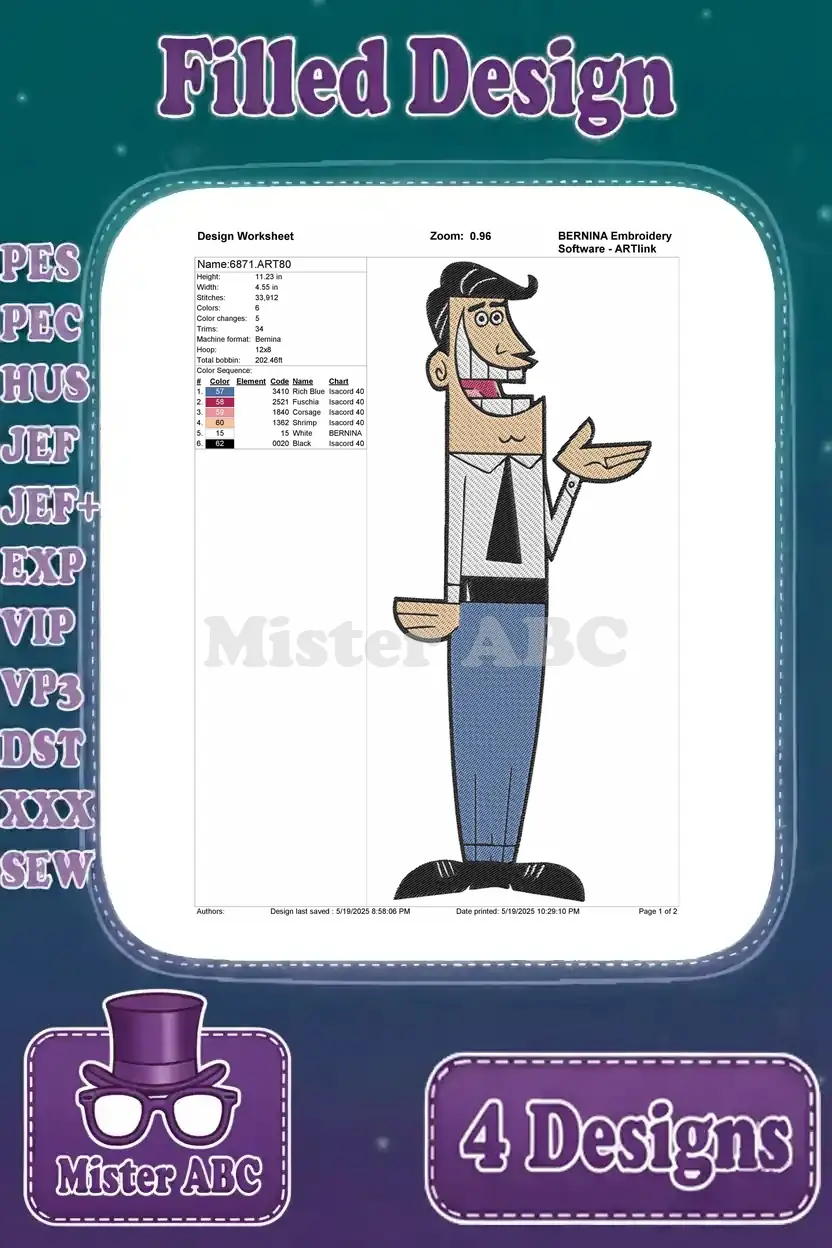 Detailed design worksheet for the Mr. Turner filled embroidery, showing stitch count and color sequence.