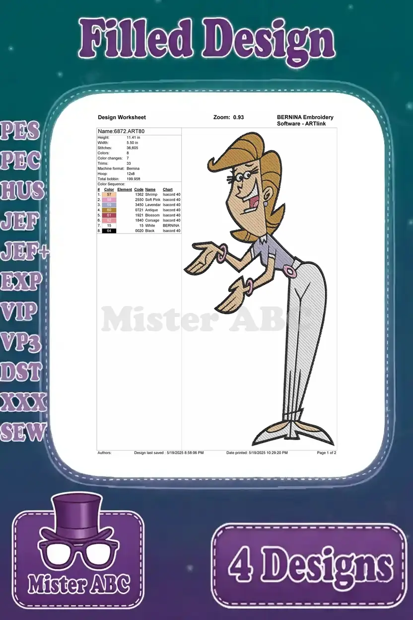 Design worksheet for Vicky embroidery, detailing stitch count, color sequence, and thread information for crafters.