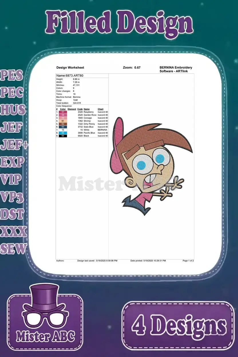 Design worksheet for Timmy Turner (surprised pose) embroidery, with stitch count, colors, and thread info.