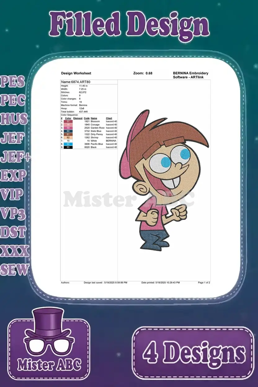 Design worksheet for Timmy Turner (happy pose) embroidery, detailing stitch count, colors, and thread specs.