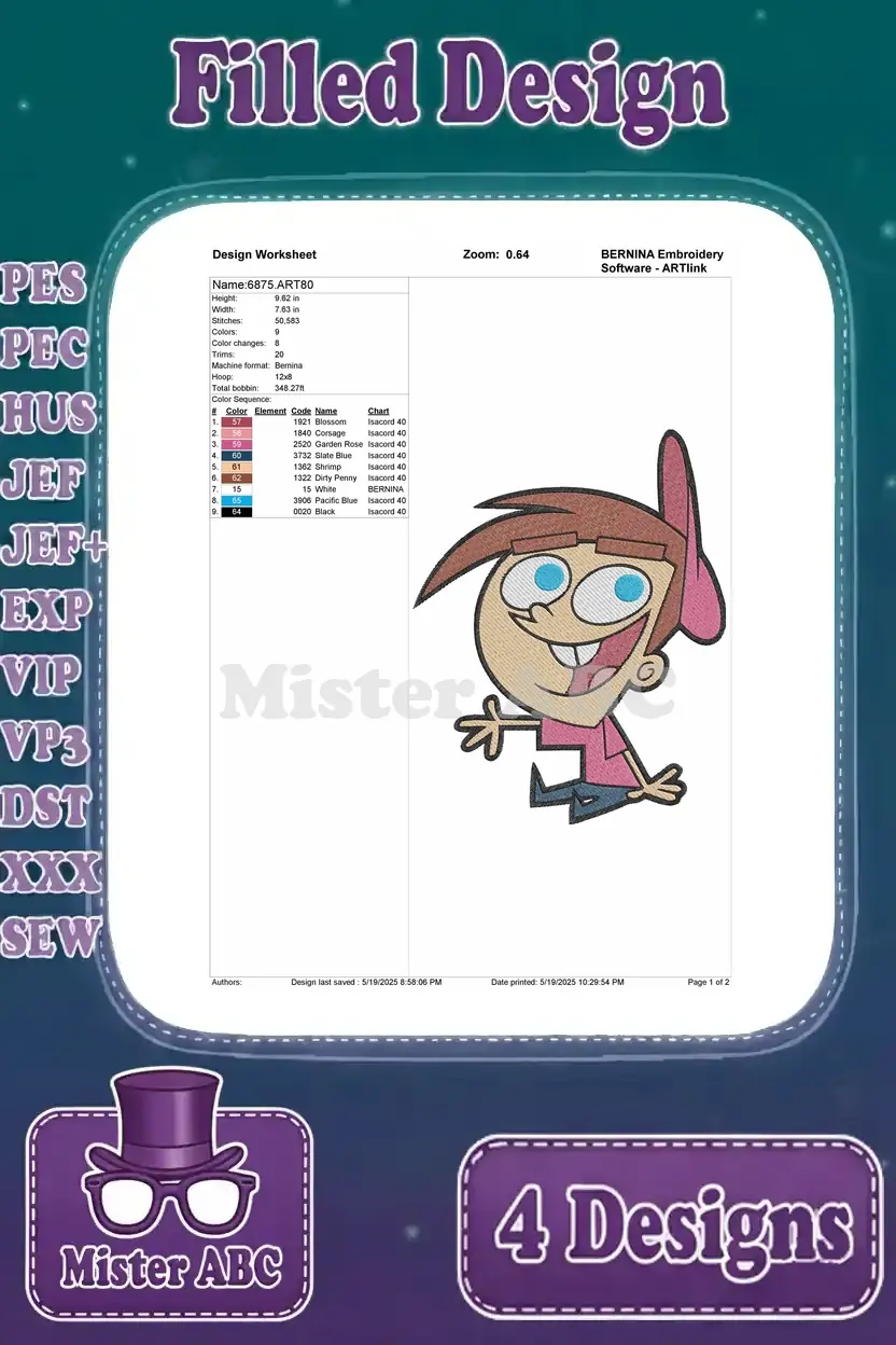 Design worksheet for Timmy Turner (laughing pose) embroidery, with stitch count, colors, and thread specs.