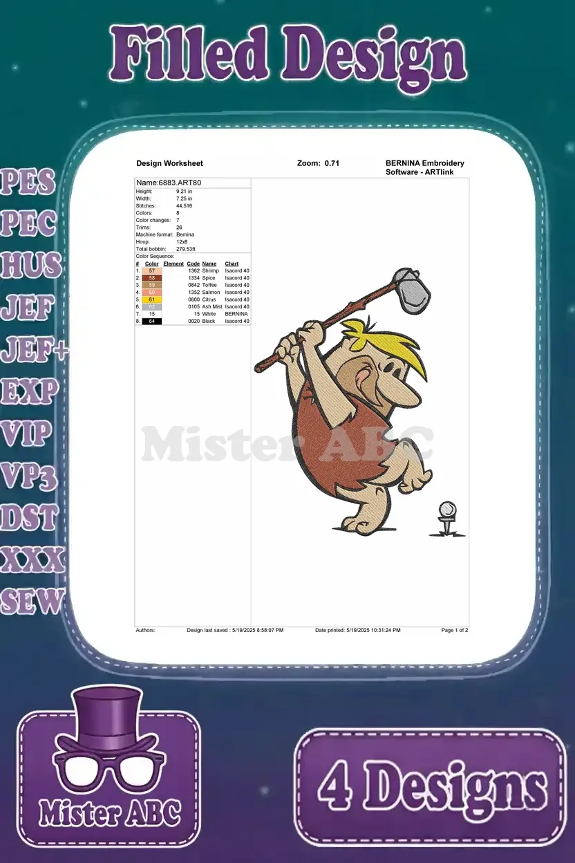 A design worksheet for the Fred Flintstone golfing filled embroidery design, detailing stitch count and colors.