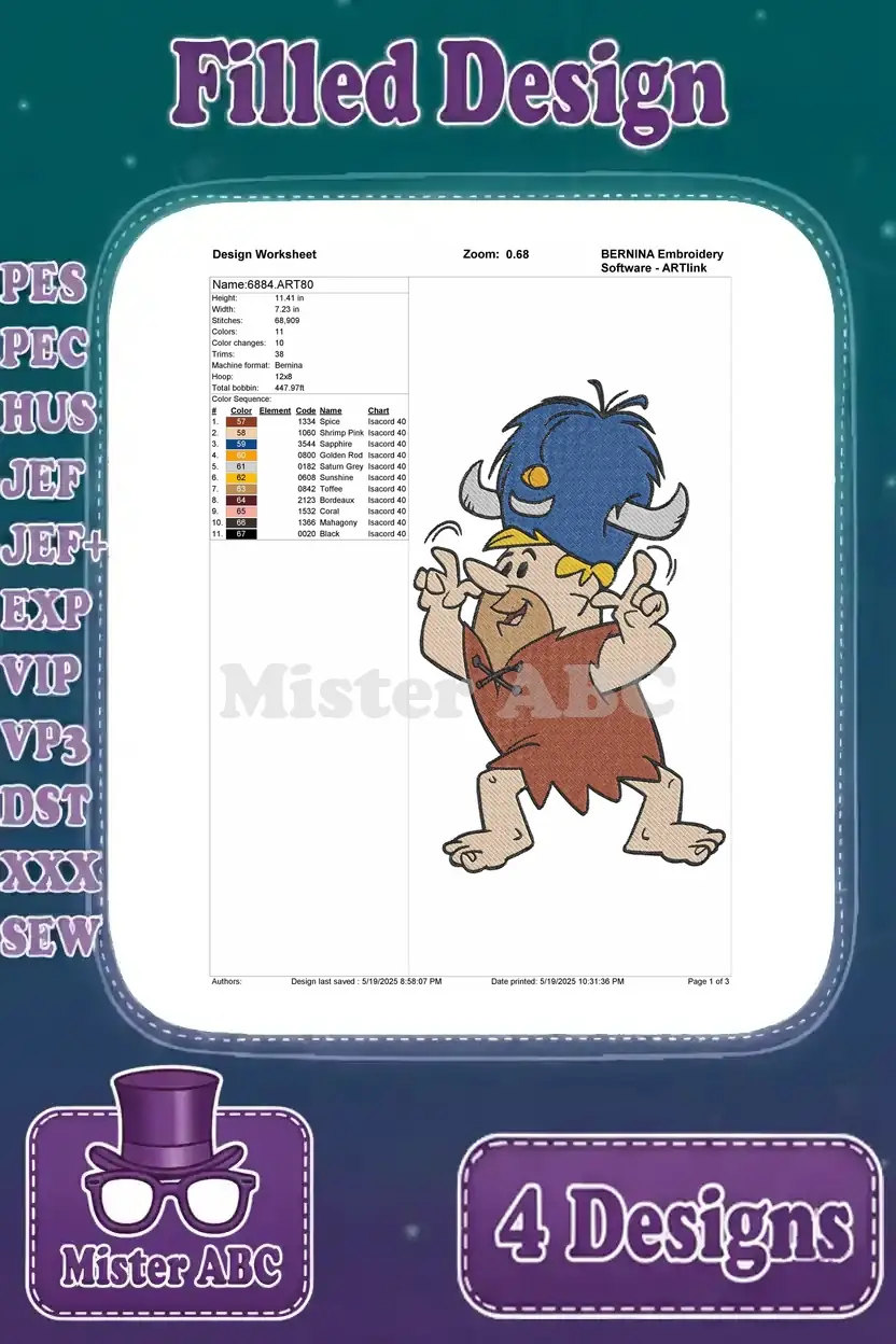 A design worksheet for the Barney Rubble filled embroidery design, showing stitch count, colors, and hoop size.