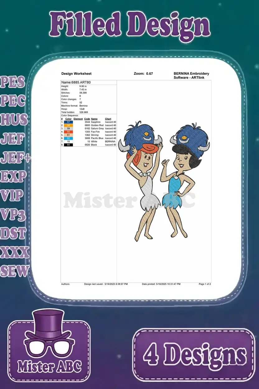 A design worksheet for the Wilma Flintstone and Betty Rubble filled embroidery design, with stitch data.