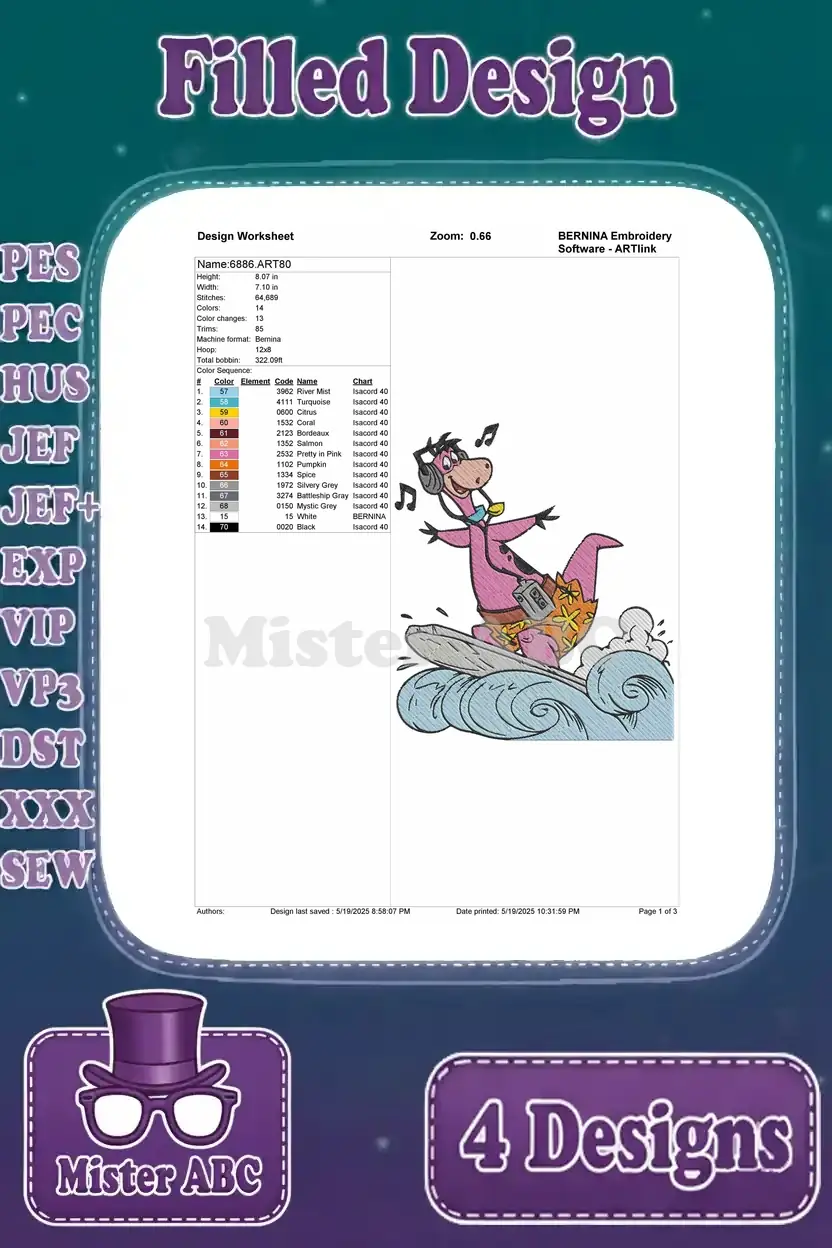 A design worksheet for the Dino surfing filled embroidery design, detailing stitch count and colors.