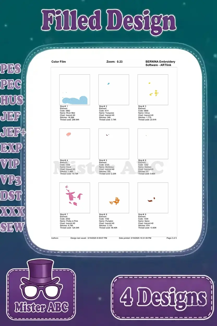 First part of the color film for the Dino surfing filled embroidery design, showing initial color stops.