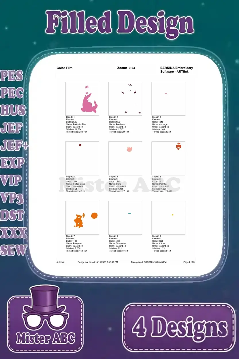 First page of the color film for the sports-themed Fred, Barney, and Dino filled embroidery design.