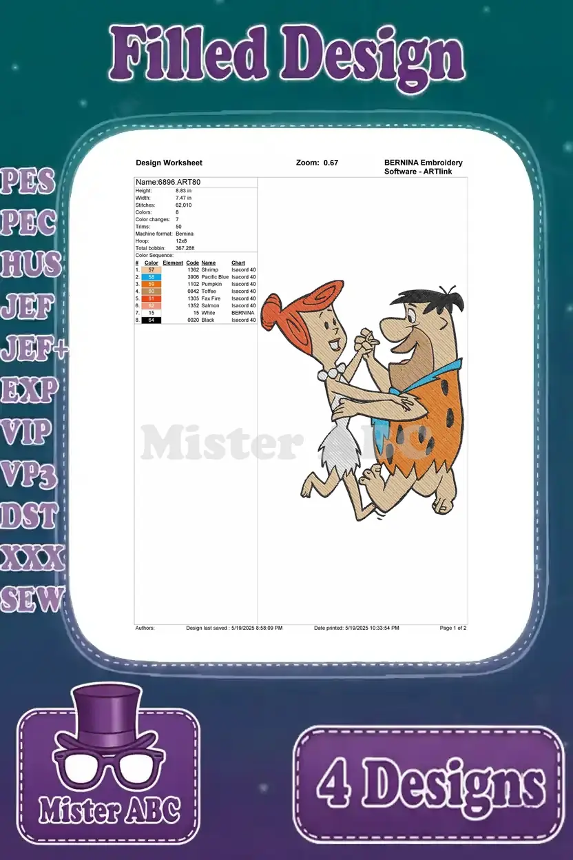 Detailed embroidery worksheet for a filled design featuring Fred and Wilma Flintstone happily dancing together.