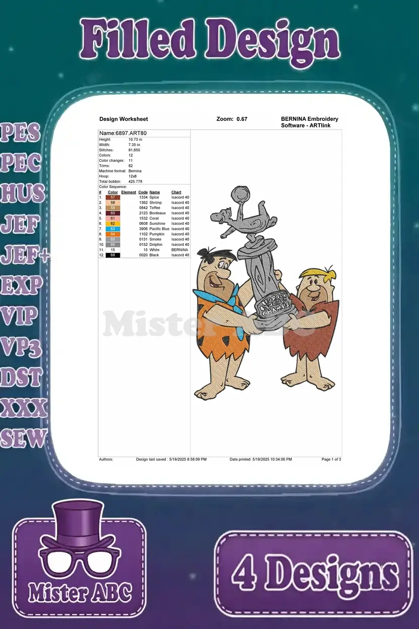 Detailed embroidery worksheet for a filled design showing Fred and Barney Flintstone proudly holding a trophy.