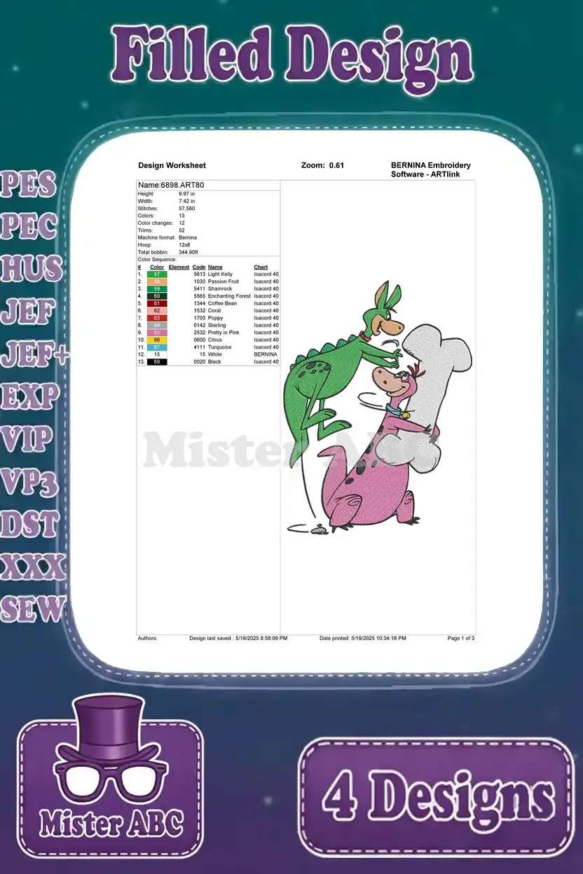 Detailed embroidery worksheet for a filled design featuring Dino and Hoppy, the Flintstones' beloved pets.