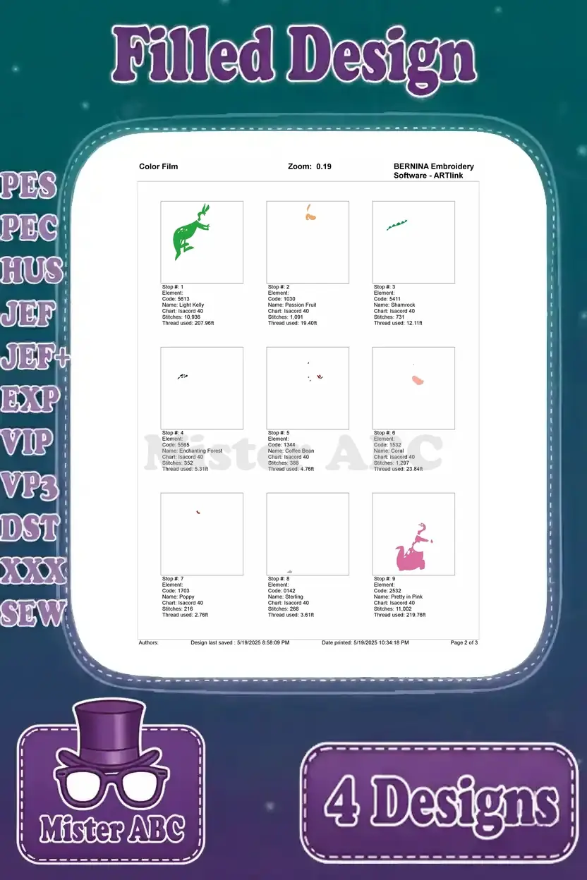 First page of the color film for the playful filled embroidery design featuring Dino and Hoppy.