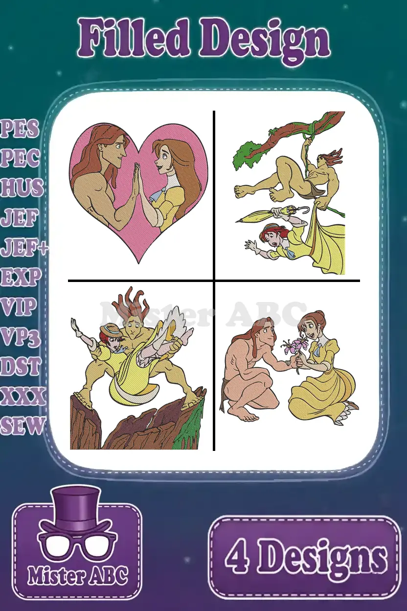 Four vibrant filled embroidery designs featuring Tarzan and Jane in various romantic and adventurous poses, ready for crafting.