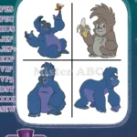 Tarzan Terk Gorilla Friend Various Poses With Butterfly And Bananas Jungle Fun - Filled Embroidery Design - Instant Download