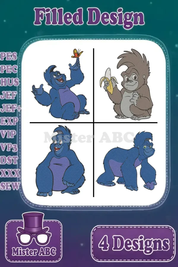A vibrant collection of four cartoon gorilla filled embroidery designs, showcasing unique poses and rich colors.