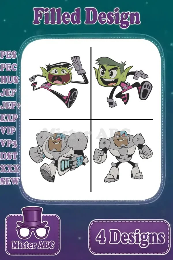 A vibrant bundle of four filled embroidery designs featuring two distinct poses of Beast Boy and Cyborg from Teen Titans, showcasing various stitch formats.