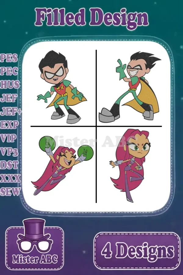Four vibrant filled embroidery designs of Teen Titans' Robin and Starfire in various action poses, ready for crafting.