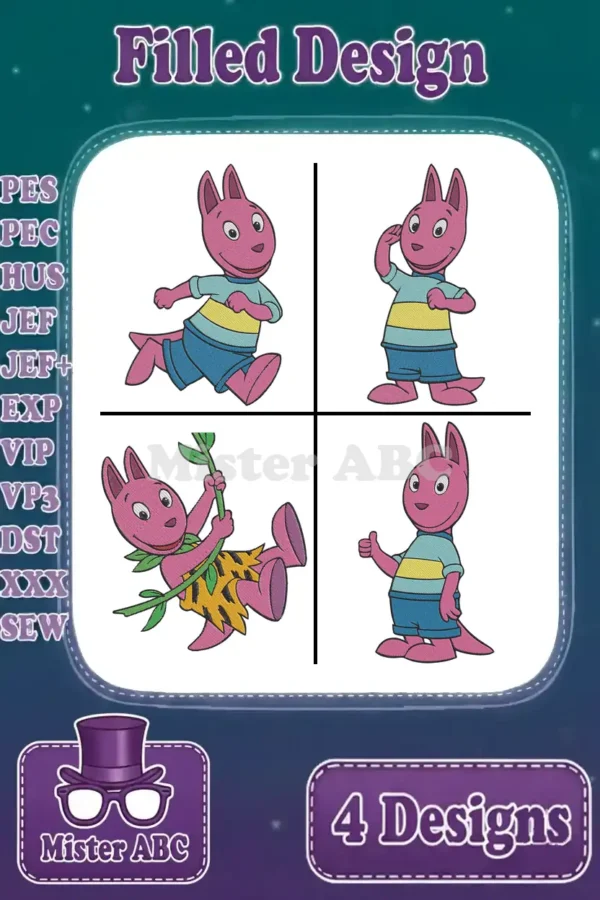 Main product image showing four distinct filled embroidery designs of Austin from The Backyardigans in various poses.