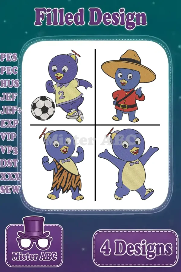Four colorful filled embroidery designs of Pablo from The Backyardigans: soccer player, Mountie, caveman, and joyful pose.