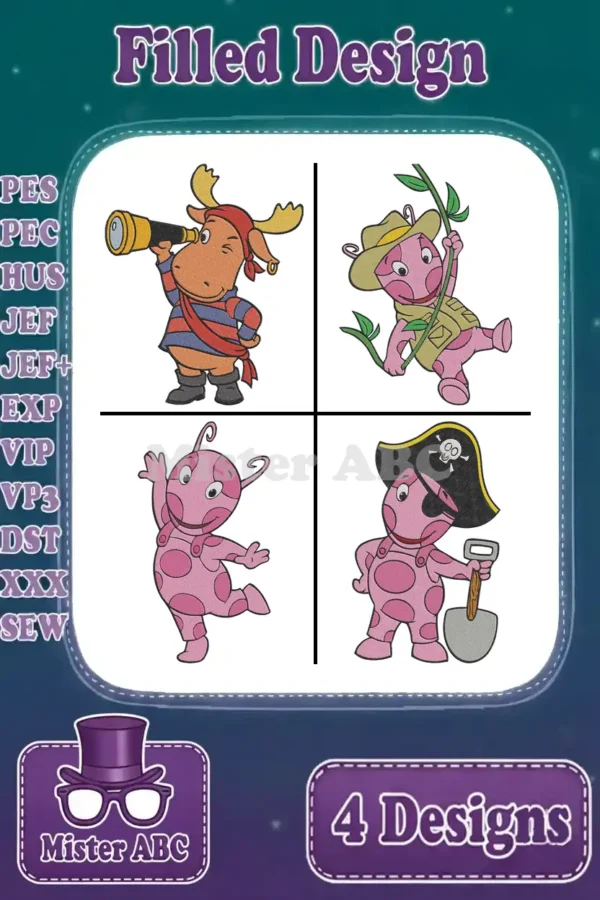 Four vibrant, filled embroidery designs featuring Backyardigans characters, Tyrone and Uniqua, in various poses.