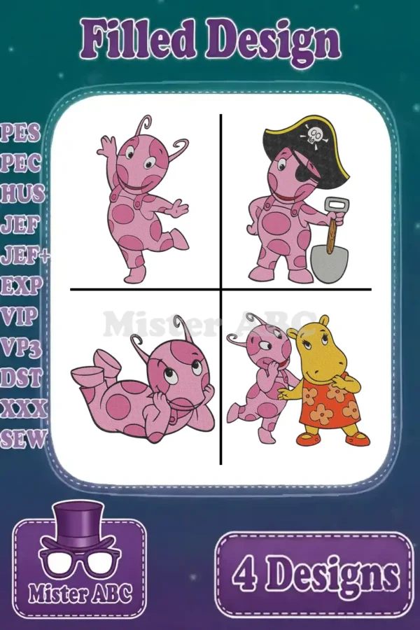 Main product image showing four filled embroidery designs of Uniqua and Tasha, with supported file formats.