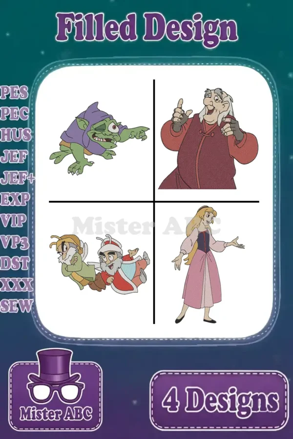 A vibrant embroidery design bundle featuring four classic characters: a green goblin, an old woman, two small male figures, and a princess, surrounded by supported file formats.