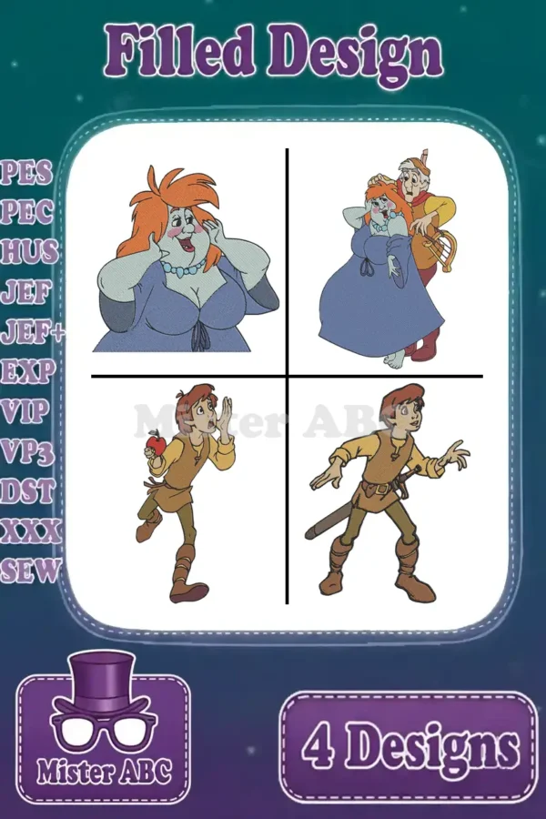 A vibrant display of four filled embroidery designs featuring Orwen, Fflewddur Fflam, and Taran from The Black Cauldron.