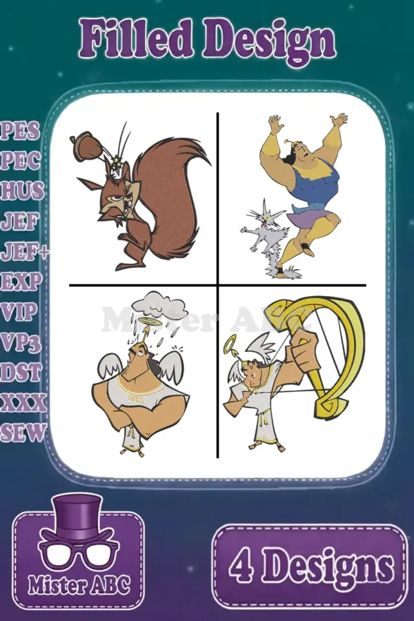 A collage of four vibrant filled embroidery designs: a squirrel with an acorn, Kuzco dancing, angelic Kronk, and Kronk with a harp, available in multiple formats.