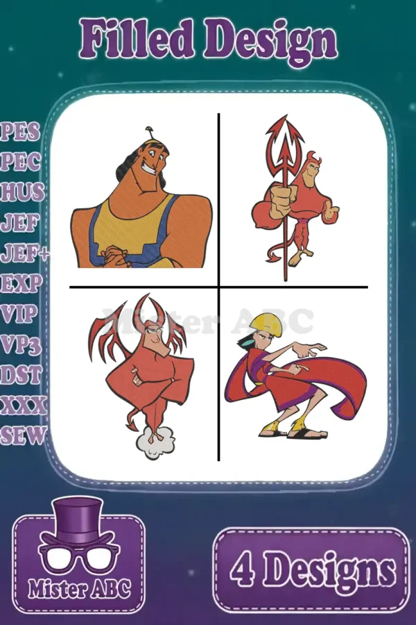 A vibrant collection of four filled embroidery designs featuring Kronk, Yzma, and the Shoulder Devil from Disney's movie.