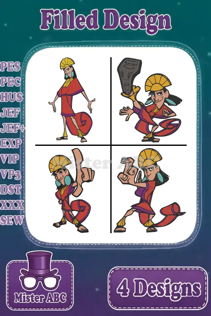 Four dynamic Kuzco filled embroidery designs from Emperor's New Groove, showcasing various poses and vibrant colors.