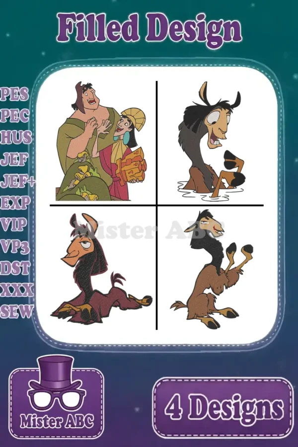 A vibrant collage of four filled embroidery designs featuring Emperor Kuzco in human and llama forms, showcasing variety.