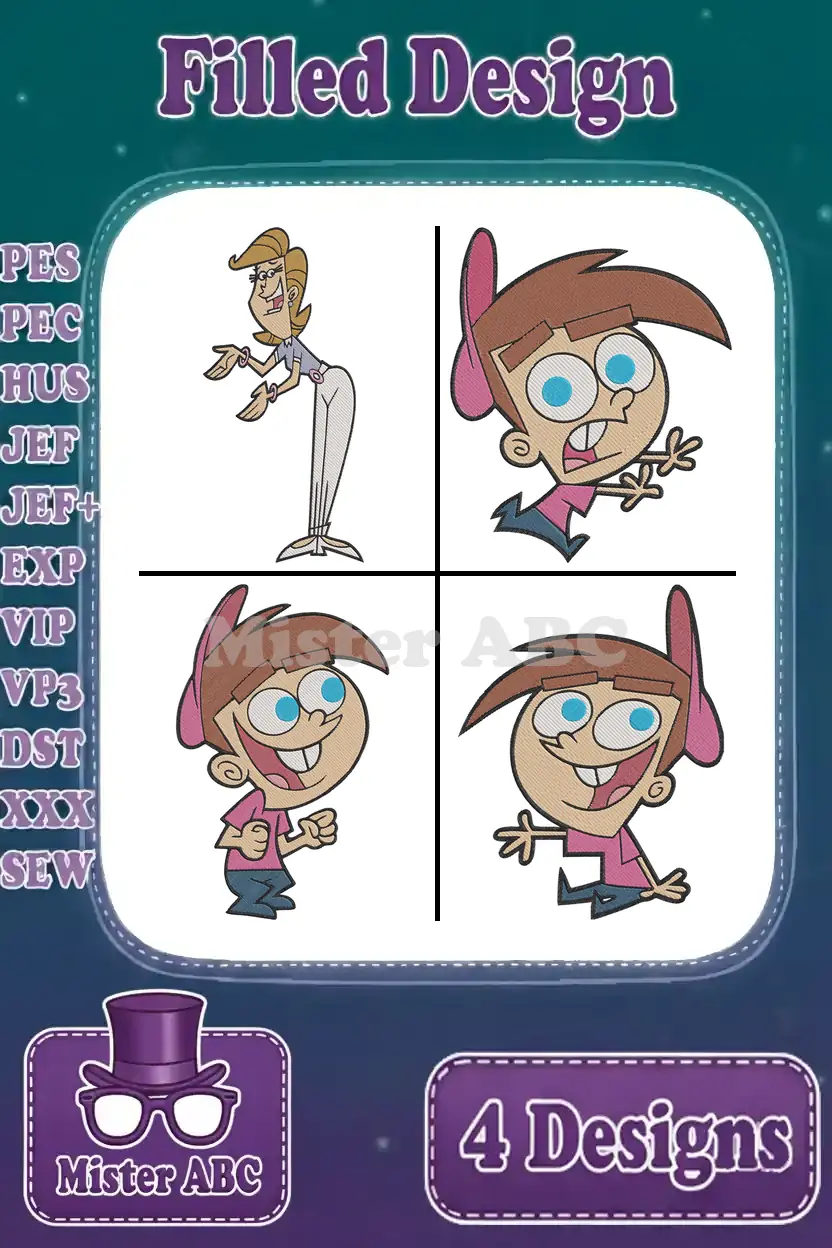 Main product image showing a bundle of four filled embroidery designs: Vicky and three expressive Timmy Turners.