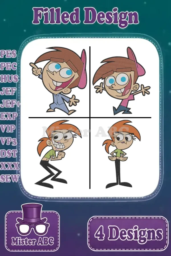 A vibrant grid showcasing four filled embroidery designs: two dynamic poses of Timmy Turner and two of Vicky.