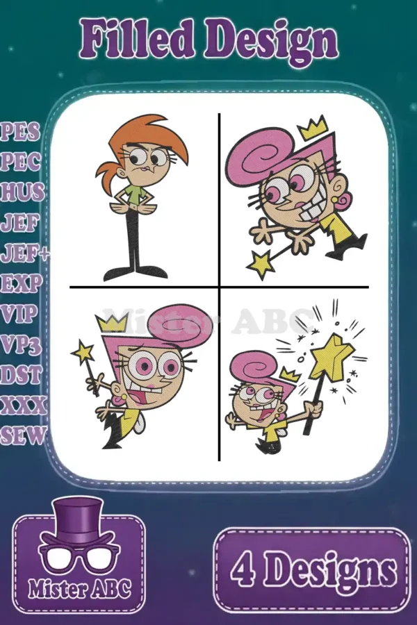 A vibrant overhead view showcasing four distinct filled embroidery designs of characters Vicky and Wanda from Fairly OddParents.