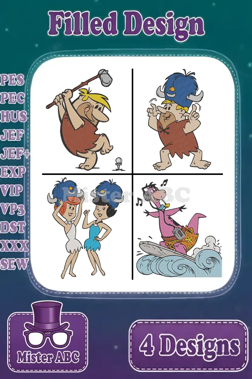 A compilation of four vibrant, filled machine embroidery designs featuring Fred, Barney, Wilma, Betty, and Dino.