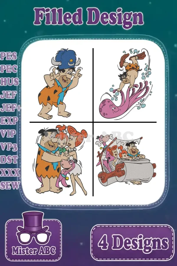Four vibrant filled embroidery designs featuring iconic Flintstones characters like Fred, Wilma, Pebbles, and Dino.