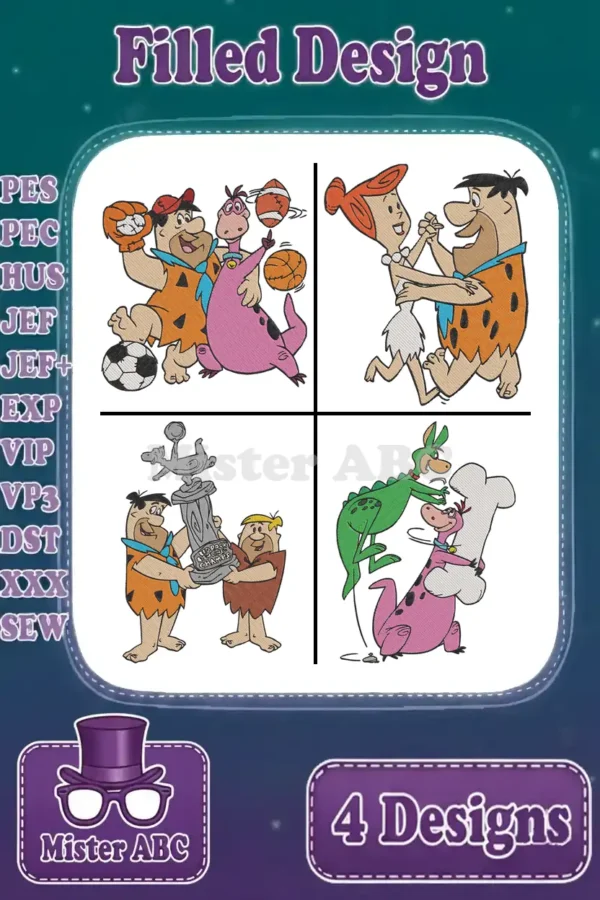 A vibrant collection of four filled embroidery designs featuring The Flintstones characters in various playful scenes.