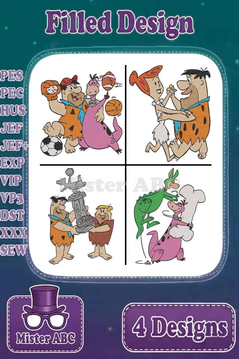 A vibrant collection of four filled embroidery designs featuring The Flintstones characters in various playful scenes.