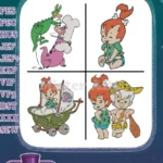 Flintstones Pebbles Bamm Bamm With Dino Playing Wagon Childhood Friends Set - Filled Embroidery Design - Instant Download