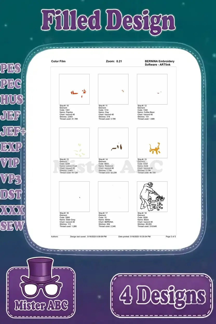 A continuation of the color film sequence, showing later stitch stops for the Amos Slade, Tod, and Copper design.