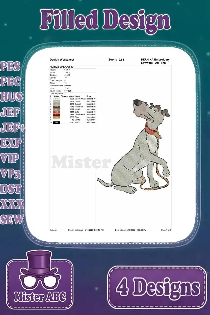 A design worksheet for the embroidery pattern of adult Copper from The Fox and the Hound.