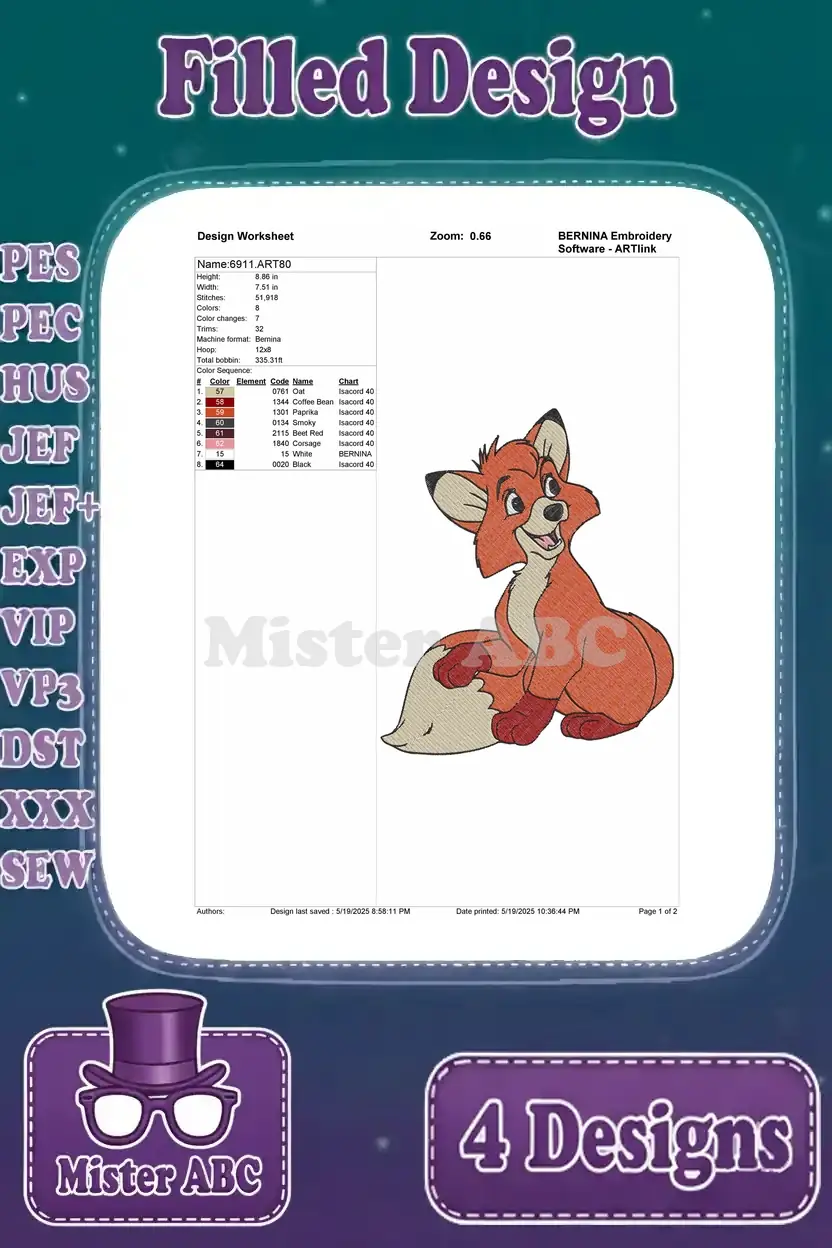 A comprehensive design worksheet for the sitting Tod fox embroidery pattern, detailing stitch count, color changes, and recommended hoop size.