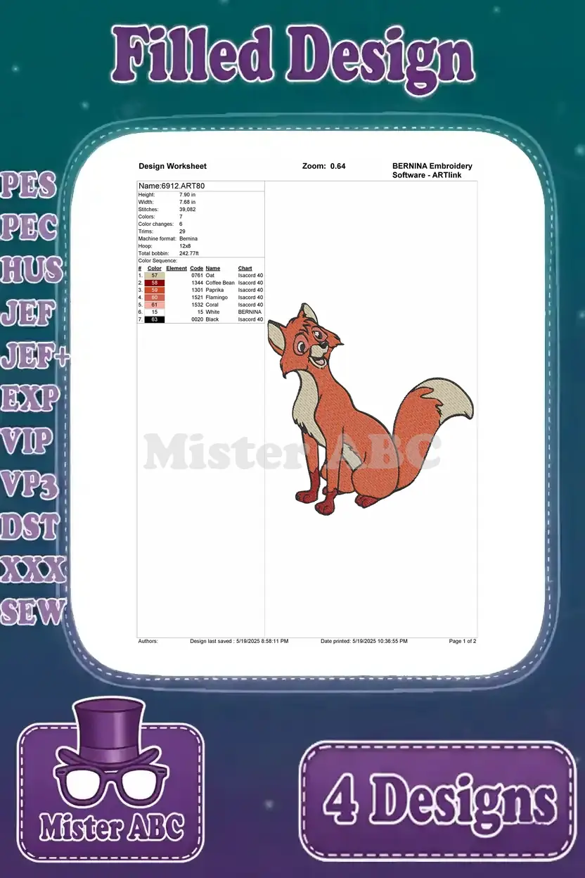 A detailed design worksheet for the sitting Tod fox embroidery design with an expressive pose, including stitch count and color information.