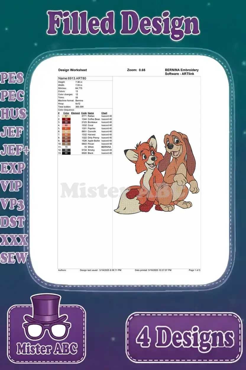 A comprehensive design worksheet for the Tod and Copper friendship embroidery design, detailing stitch count, colors, and hoop size.