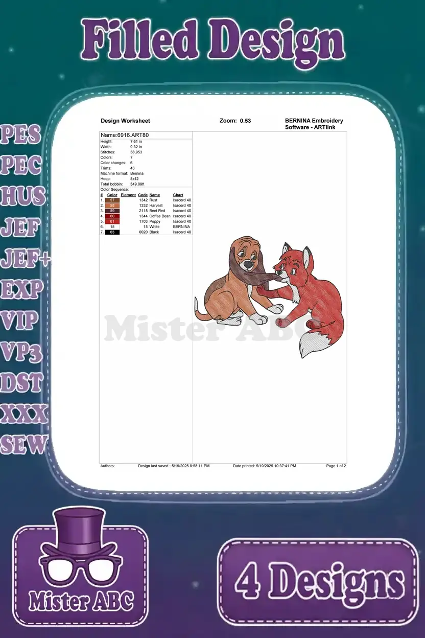 Detailed embroidery worksheet for Tod and Copper playing, showing stitch counts, colors, and design specifications.