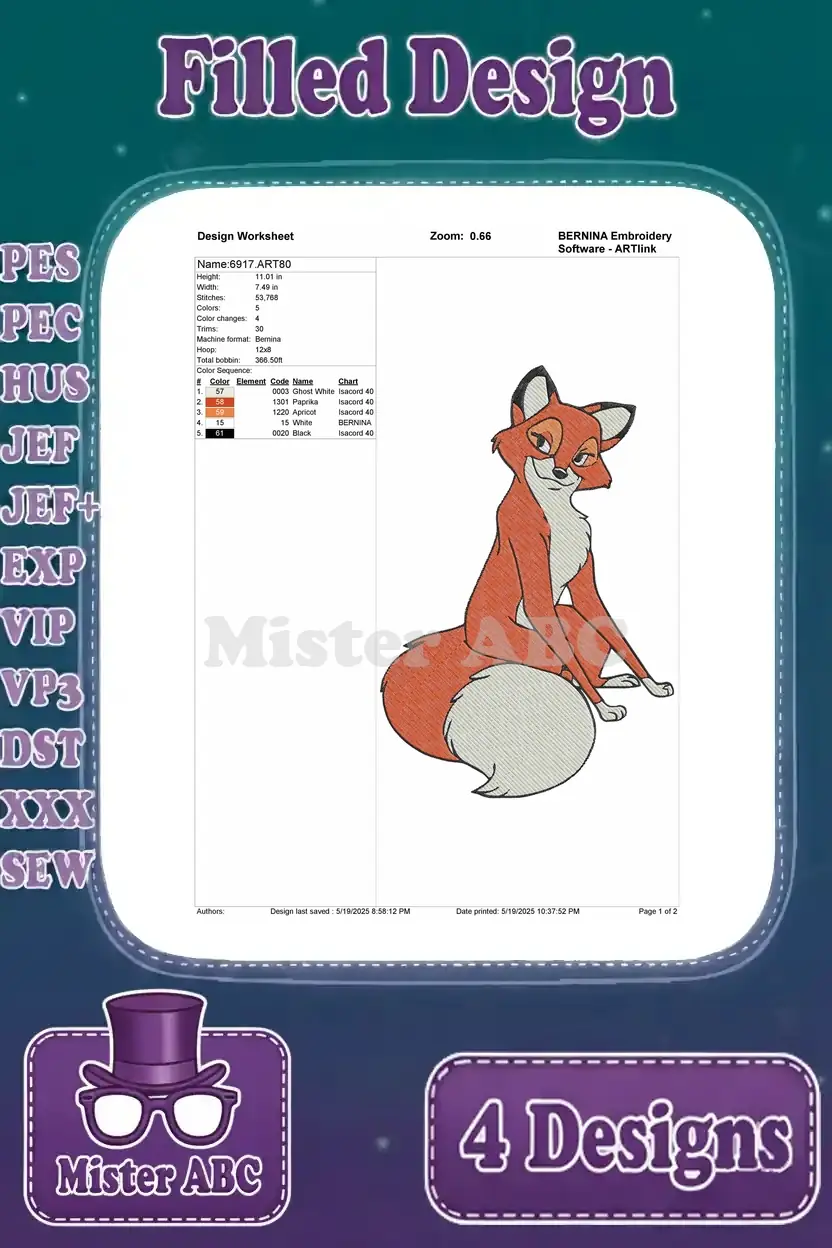 Detailed embroidery worksheet for Tod sitting, displaying stitch counts, color palette, and design parameters.