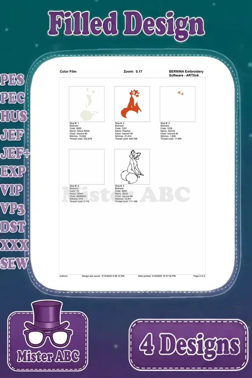 Color film view for the Tod sitting embroidery design, showing the sequential application of colors.