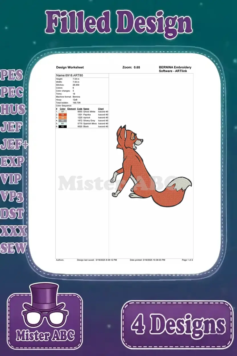 Detailed embroidery worksheet for Tod looking up, showing stitch counts, colors, and design specifications.