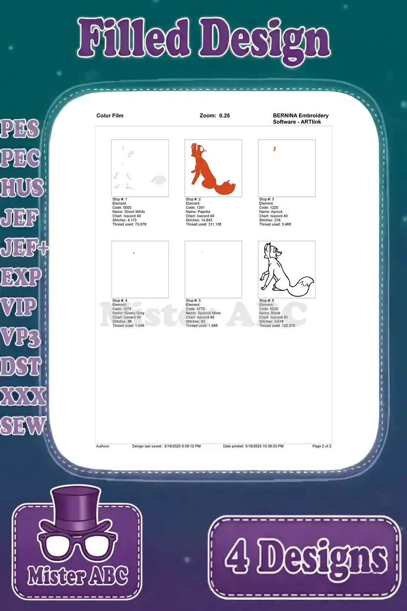 Color film breakdown for the Tod looking up embroidery design, illustrating the exact stitching sequence.